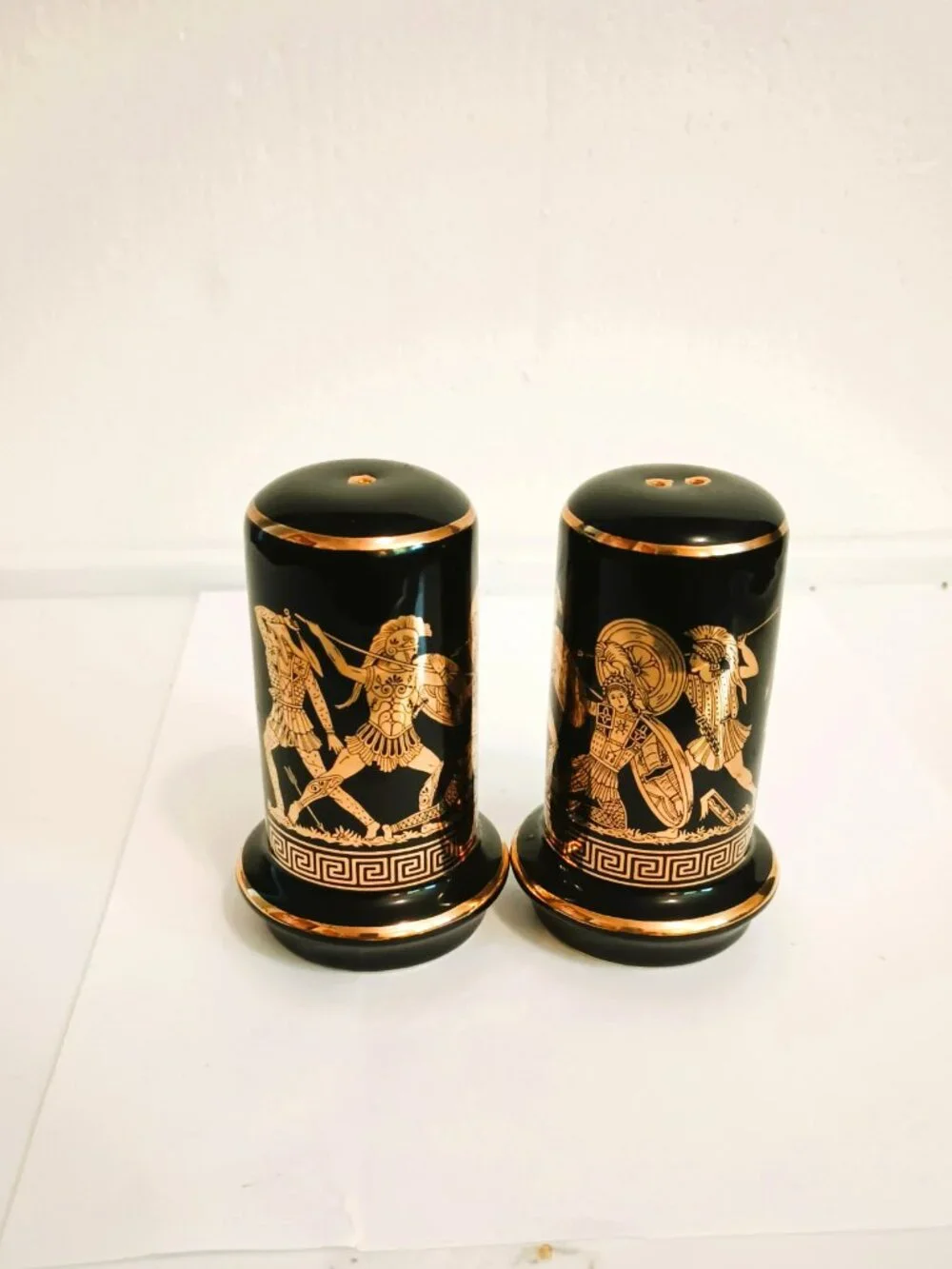 Greek Key Salt & Pepper Shakers Vintage Black with 24K Gold Trim